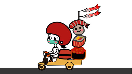 hand drawn cute Japanese food delivery girl on scooter with Sushi mascots vector