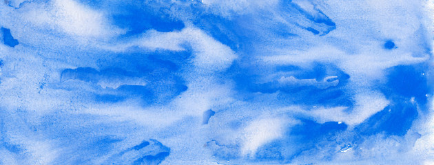 Watercolor blue background, blot, blob, splash of blue paint on white background. Watercolor blue sky, spot, abstraction. Abstract art illustration, scenic background. The color splashing.Blue paint 