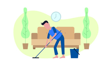 Fototapeta premium man cleaning floor with mop up indoor home at quarantine.