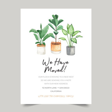 We have moved card template, moving announcements with watercolor indoor plants decoration