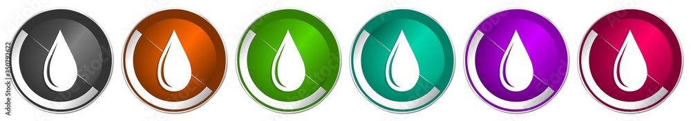 Leinwandbilder water drop icon set, silver metallic chrome border vector web buttons in 6 colors options for webdes