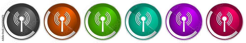 Poster wifi icon set, silver metallic chrome border vector web buttons in 6 colors options for webdesign
