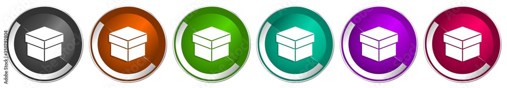 Leinwandbilder box icon set, silver metallic chrome border vector web buttons in 6 colors options for webdesign