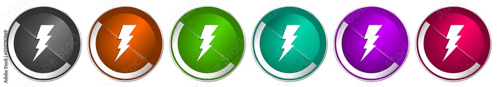 Poster Bolt icon set, silver metallic chrome border vector web buttons in 6 colors options for webdesign