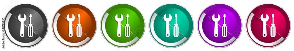 Fototapete Tool icon set, silver metallic chrome border vector web buttons in 6 colors options for webdesign