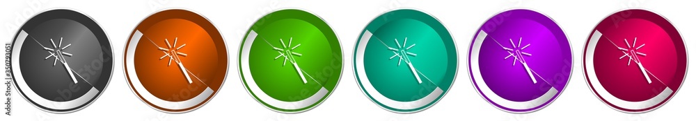 Poster magic wand icon set, silver metallic chrome border vector web buttons in 6 colors options for webdes