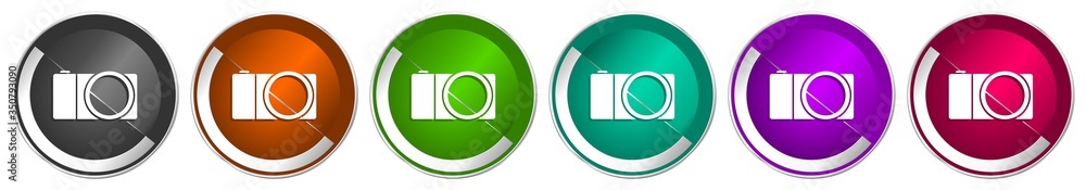 Aufkleber Mirrorless camera icon set, photography silver metallic chrome border vector web buttons in 6 colors options for webdesign