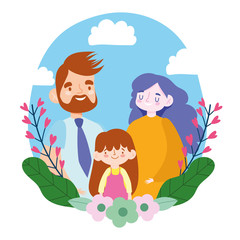 Mother father and daughter with leaves and flowers vector design