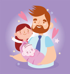 Father baby and daughter with stars and hearts vector design