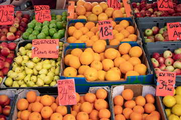 Ripe Pears, Apples, and Oranges for Sale at a Local Fruit Market in the Gamla Stan Neighborhood of Stockholm, Sweden