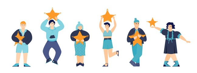 Satisfacted cheerful people holding star, cartoon vector illustration isolated.