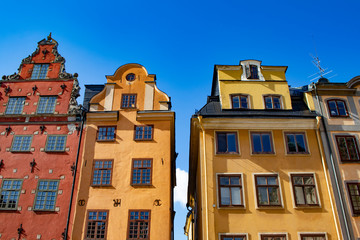 A Row of Colorful, Traditional Swedish Buildings in the Point 0 Square in the Gamla Stan Neighborhood of Stockholm, Sweden