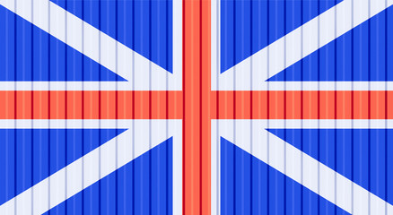 3d rendering of UK flag on cargo container texture background, UK trade concept design.