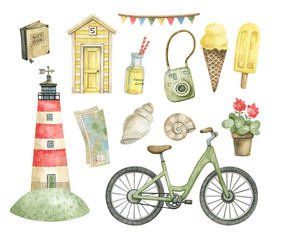 Watercolor set with summer elements. Summer theme sea vacations. Lighthouse, bicycle, camera, ice cream, shell, notebook. Vintage illustration.