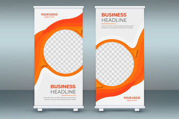 Business standee x-banner template design, advertising, banner poster brochure cover presentation, exhibition roll up banner vector blue red orange layout, flat creative flag-banner concept