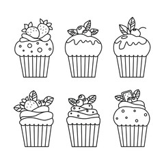 Set of vector outline cupcakes isolated on white background. Food design elements for the menu, bakery logo, web, postcards.