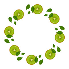 Wreath from green kiwi fruits with space for text. Cartoon organic sweet food. Summer fruits for healthy lifestyle. Vector illustration for any design.
