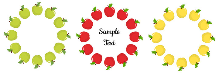 Set of wreath from red, green and yellow apple fruits with space for text. Cartoon organic sweet food. Summer fruits for healthy lifestyle. Vector illustration for any design.