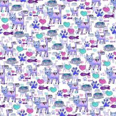 Seamless pattern with cute colorful Kittens. Creative baby pink texture. Great for fabric, textile illustration.