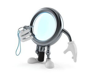 Magnifying glass character holding whistle