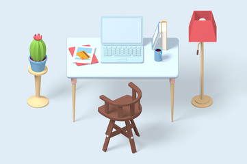 3d render modern workplace icon of laptop, documents and books.