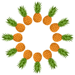 Wreath from whole pineapple with space for text. Cartoon organic sweet food. Summer fruits for healthy lifestyle. Vector illustration for any design.