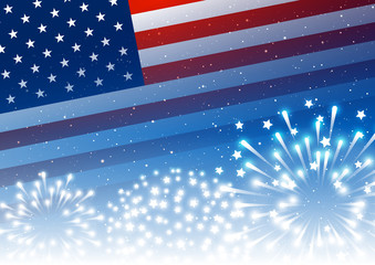 Independence day greeting card with American flag and fireworks on  night sky background