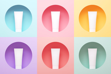 3d-render illustration multicolored cosmetic product mockup, white plastic tube with cream or lotion, template for branding or product presentation