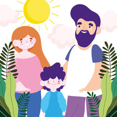 Mother father and daughter with leaves and sun vector design