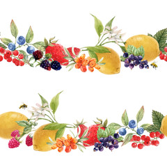 Beautiful vector seamless berry pattern with watercolor hand drawn fruits paintings. Stock illustration.