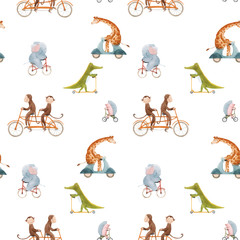 Beautiful vector seamless pattern for children with watercolor hand drawn cute animals on transport. Stock illustration.