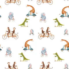 Fotobehang Dieren onderweg Prachtige vector naadloze patroon voor kinderen met aquarel hand getekende schattige dieren op vervoer. Voorraad illustratie.