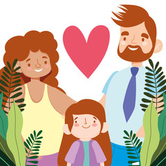 Mother father and daughter with leaves and heart vector design