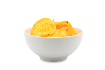 Potato chips on plate isolated on white background