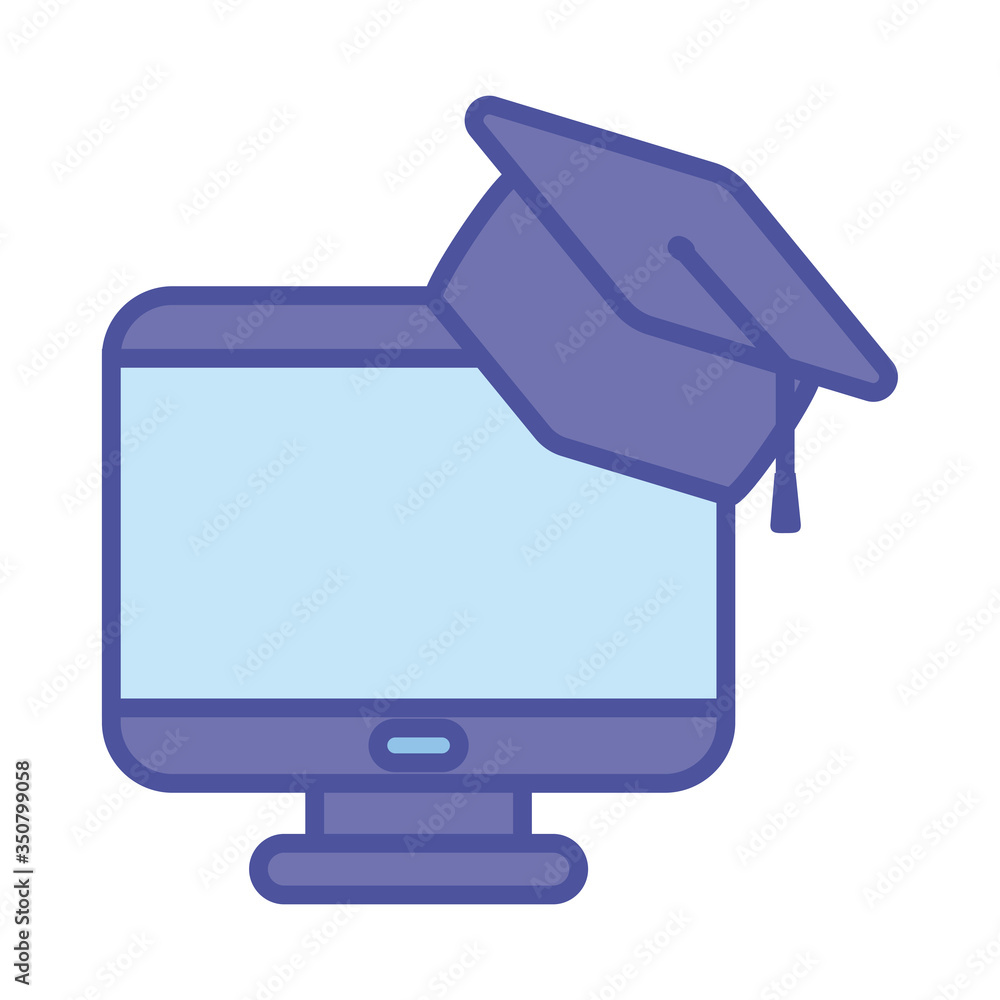 Poster computer with graduation cap line and fill style icon vector design