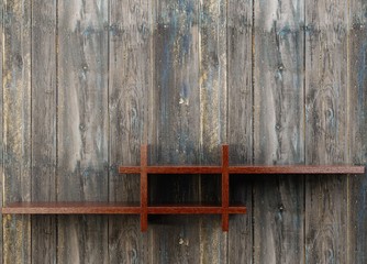A dark wooden empty shelf on a wooden wall. A platform for displaying objects and advertising. 3D rendering.