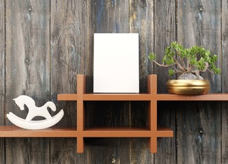 Book template on the shelf. A wooden shelf with a houseplant and a toy. Advertisement for a hardcover edition. 3D rendering.