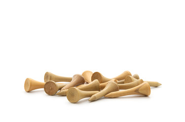 Golf tees on white background.