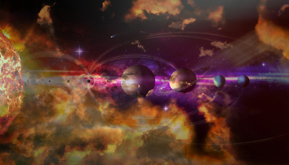 Colorful solar system with nine planets and satellites. Astronomy banner with planet stand in row in bizarre plasma clouds. Galaxy discovery and exploration. Elements of this image furnished by NASA.