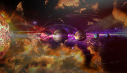 Colorful solar system with nine planets and satellites. Astronomy banner with planet stand in row...