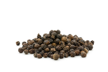 Black peppercorns isolated on white background.