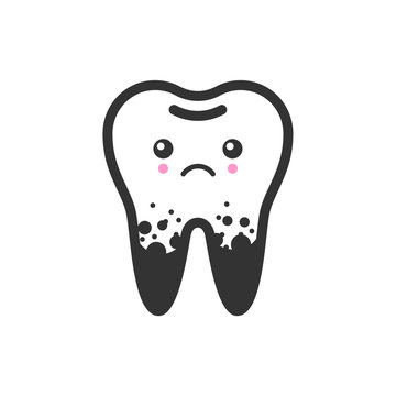 Dirty spoted tooth with emotional face, cute vector icon illustration. Line style isolated image