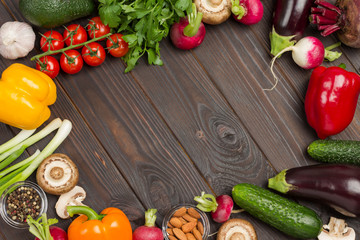 Set of multi-colored vegetables, arugula and green onions