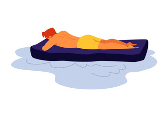 Athletic man swims in water on air mattress flat vector illustration isolated.