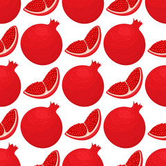 Seamless pattern with fresh bright exotic whole and chunk pomegranate with leaves on white background. Summer fruits for healthy lifestyle. Organic fruit. Vector illustration for any design.