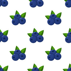 Seamless pattern with fresh bright exotic blueberries on white background. Summer fruits for healthy lifestyle. Organic fruit. Cartoon style. Vector illustration for any design.