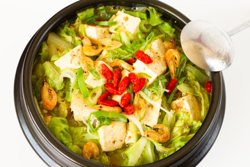tofu cabbage Japanese hot pot close up
