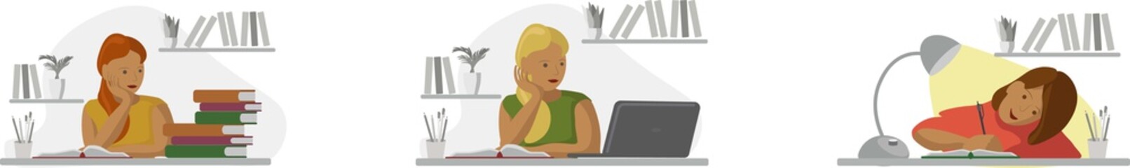 Set of vector illustrations girl doing homework sitting at the table, studying at home