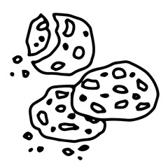 Hand drawing Homemade choco chip cookies with chocolate crisps isolated on white background.Sweet food cookies icon.Bitten,broken,cookie crumbs.Vector illustration in doodle style.Biscuit,small baked.