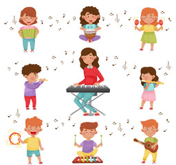 Happy Kids Playing Different Musical Instruments Vector Illustrations Set